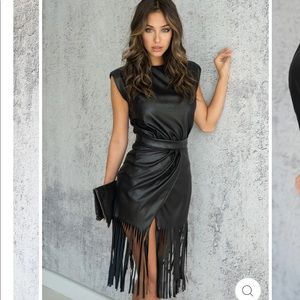 Two Piece Faux Leather Padded Top and Fringe Skirt, Black, Small